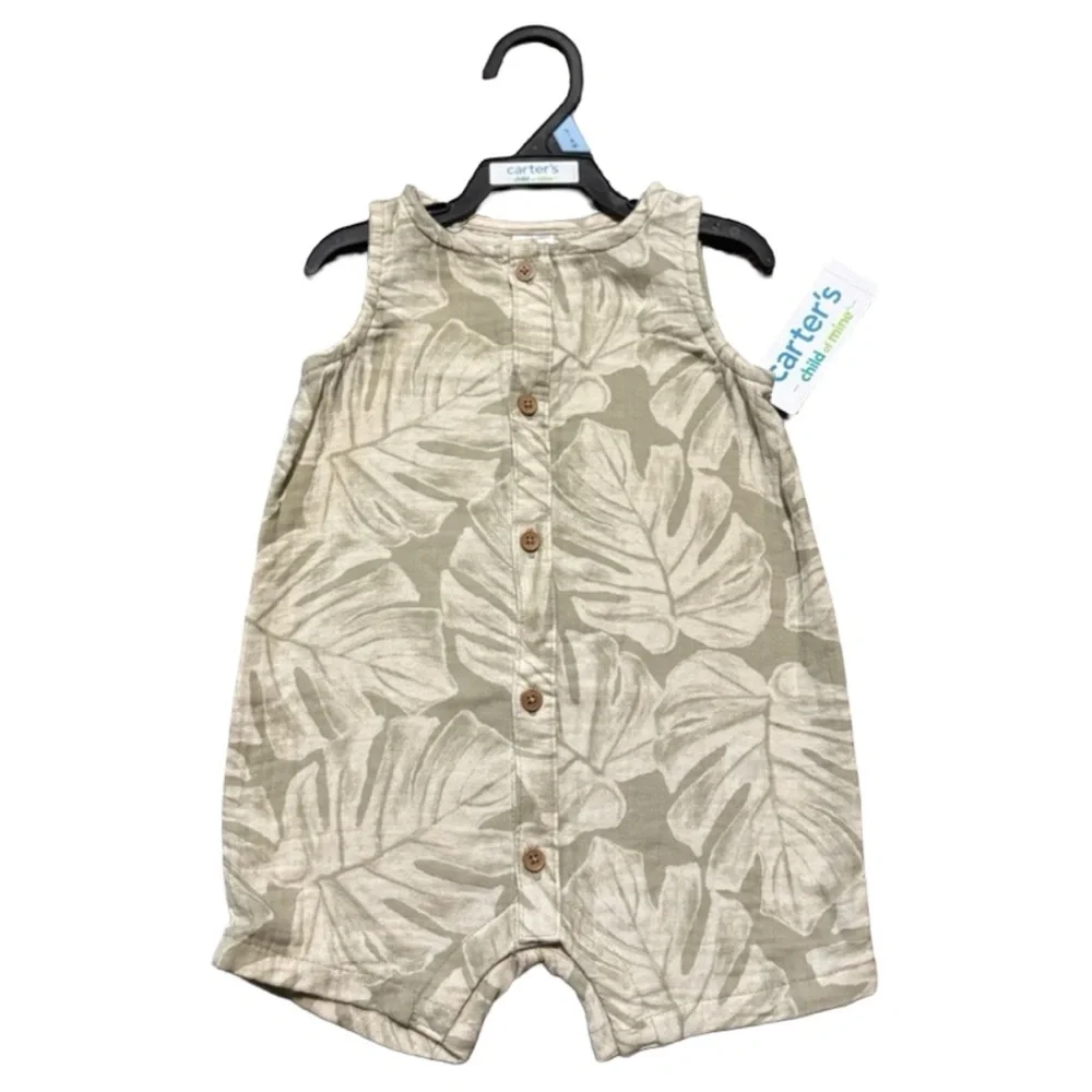 NEW! NWT Carter's Sleeveless Romper Foliage Leaf Pattern Muslin 3-6mo Outfit